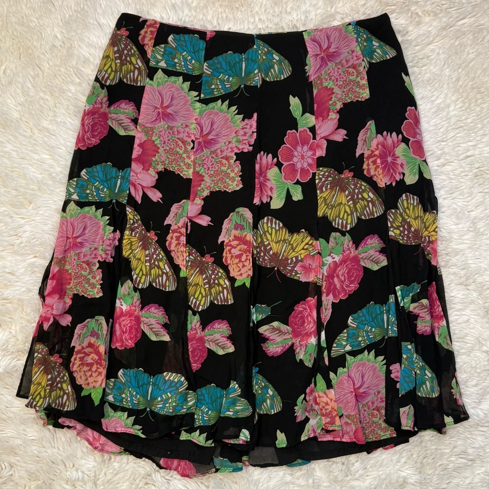 Karen Kane 100% Silk Multicolor Floral & Butterfly Flowy Vintage Midi Skirt